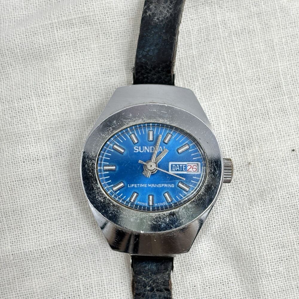 Vintage Sundial Blue Dial Automatic Watch 1970s Space Age Mod Retro